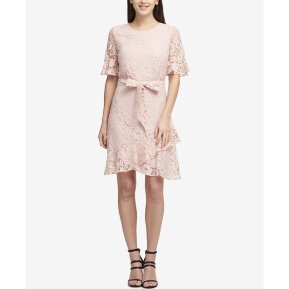 DKNY Blush Pink Lace Ruffle Dress Belted Short Sleeve Size 12 Cocktail Wedding - Picture 1 of 8